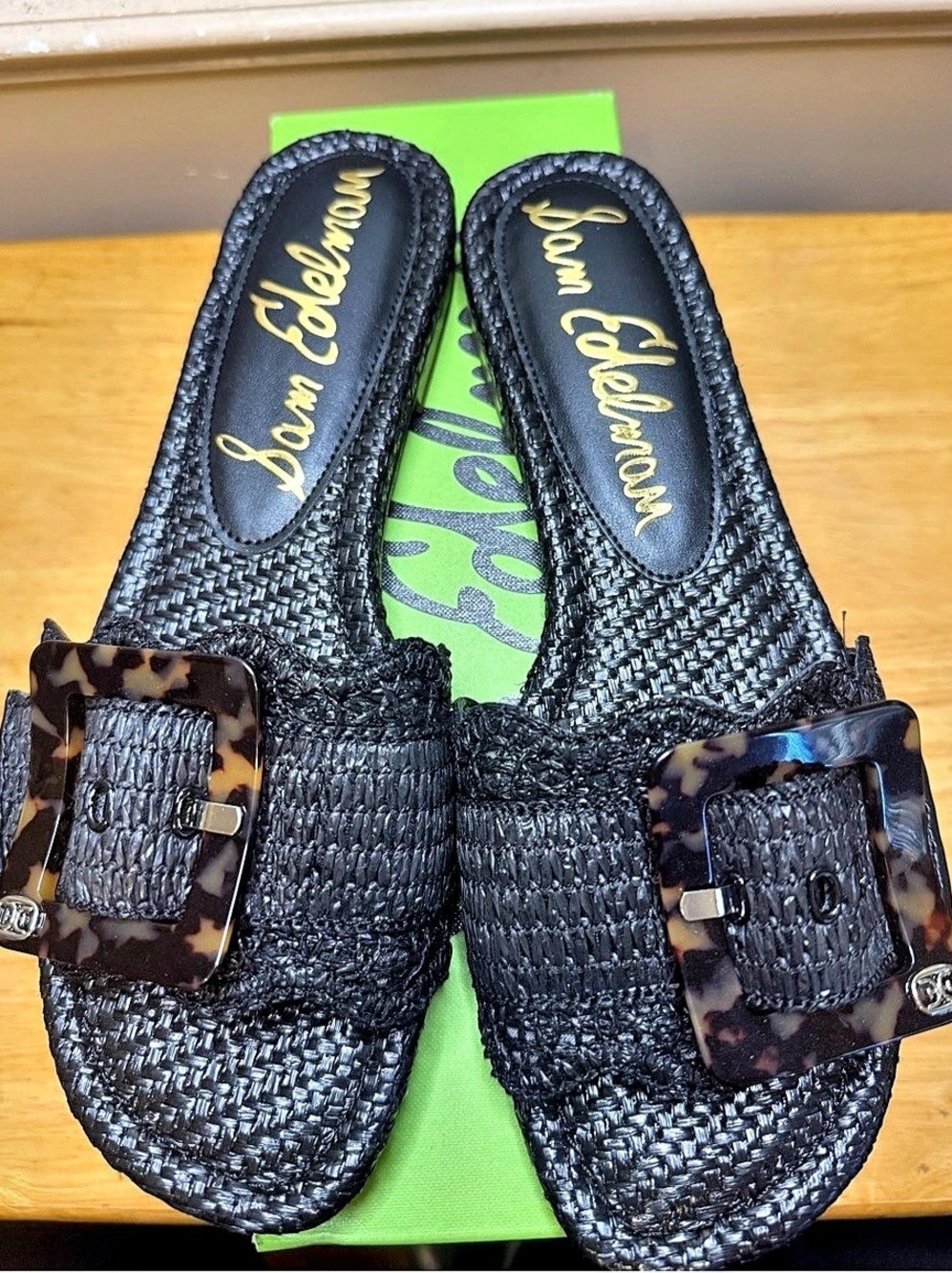 Sam Edelman Bambi Slide Sandal Raffia Buckle Black US 10M. Brand new in box.